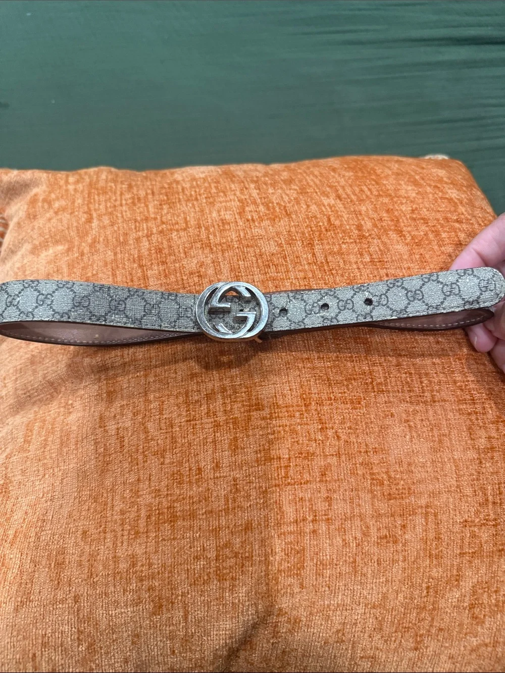 Gucci Beige Monogram GG Silver Buckle Women's Belt